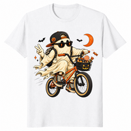White Halloween ghost bicycle shirt with a cool ghost in sunglasses riding a bike with a pumpkin basket