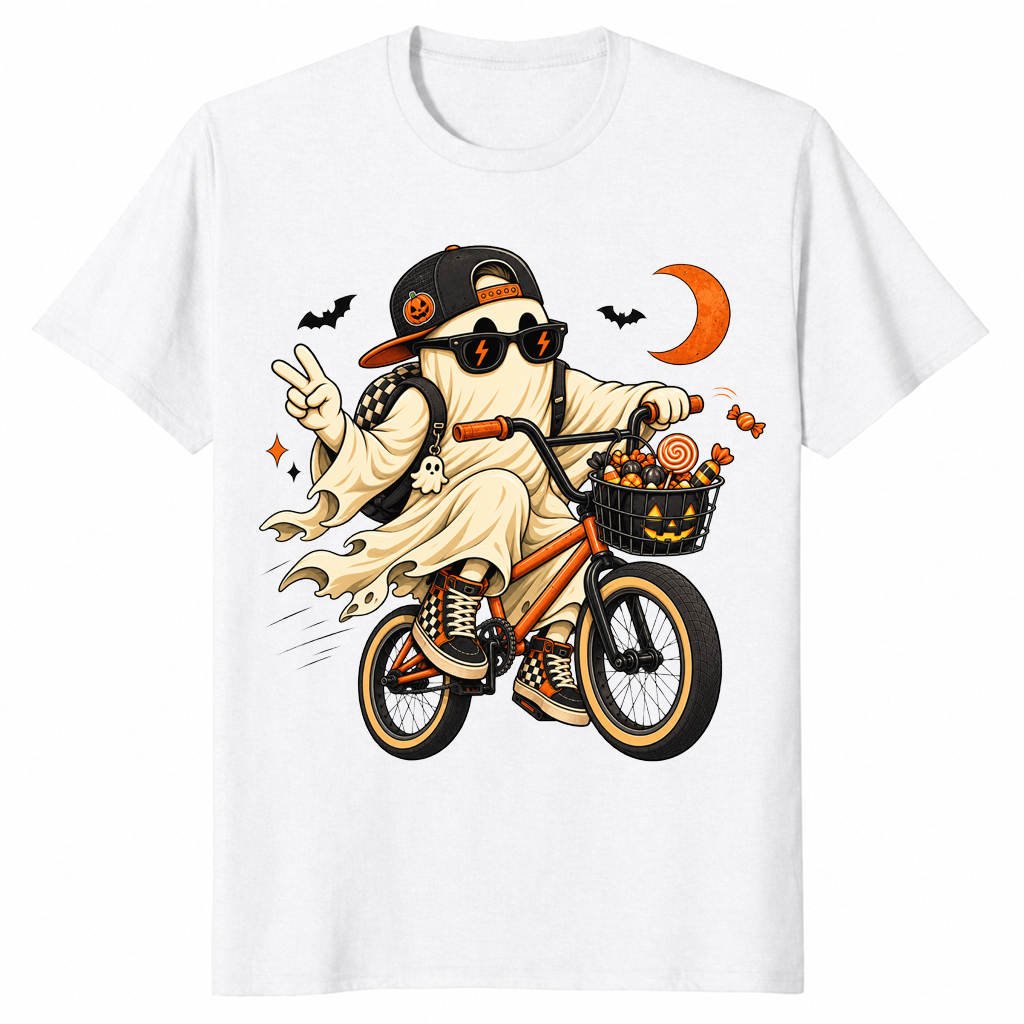 White Halloween ghost bicycle shirt with a cool ghost in sunglasses riding a bike with a pumpkin basket