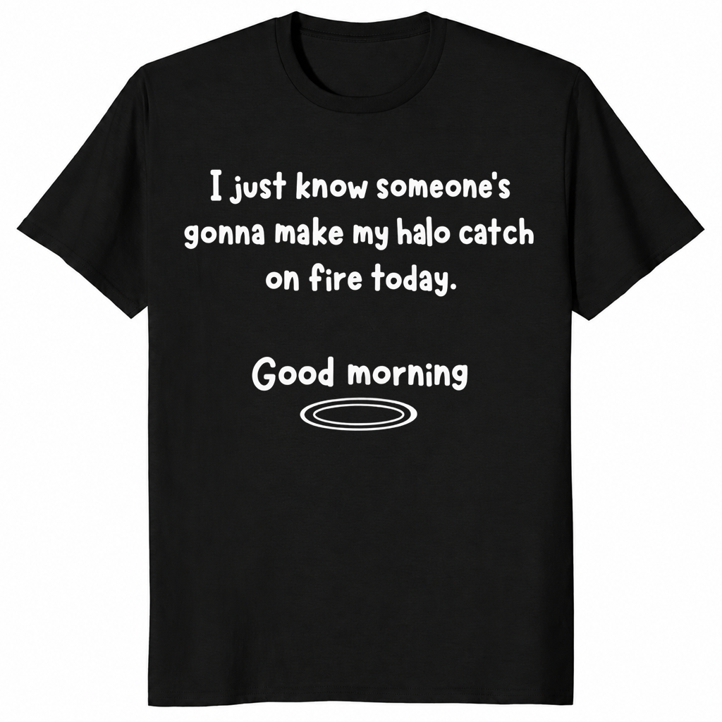 Halo catch on fire shirt in black, sassy sarcastic slogan tee
