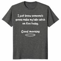 Halo catch on fire shirt in dark heather, sassy sarcastic slogan tee