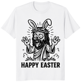Happy Easter T Shirt with funny creepy bunny graphic on white tee