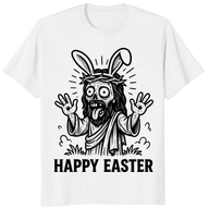 Happy Easter T Shirt with funny creepy bunny graphic on white tee