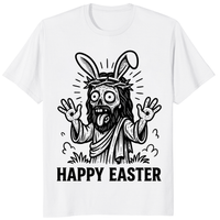 Happy Easter T Shirt with funny creepy bunny graphic on white tee