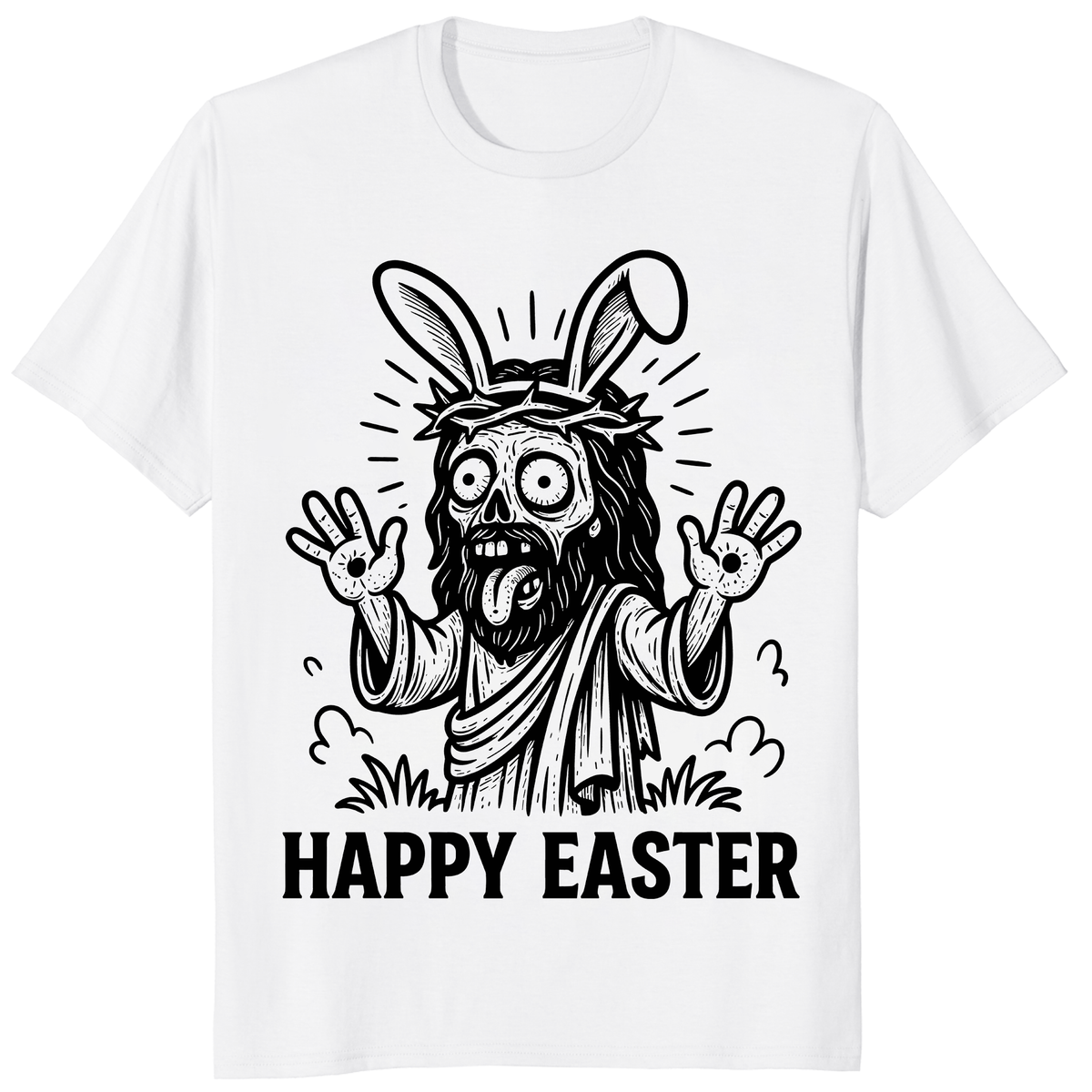 Happy Easter T Shirt with funny creepy bunny graphic on white tee
