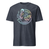 Have The Day You Deserve Shirt in Heather Navy – Kindness & Motivational Skeleton Tee by Cuccico