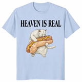Heaven Is Real Hot Dog T Shirt on light blue with quirky cat hot dog illustration