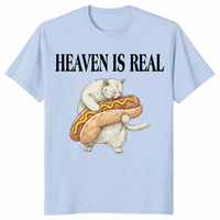 Heaven Is Real Hot Dog T Shirt on light blue with quirky cat hot dog illustration