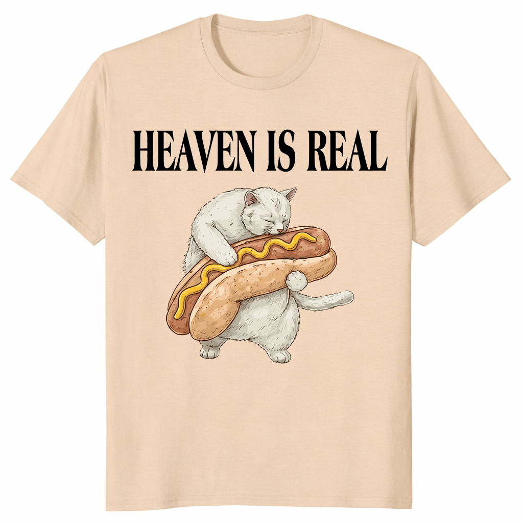 Heaven Is Real Hot Dog T Shirt on sand featuring cute funny cat hot dog design
