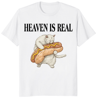 Heaven Is Real Hot Dog T Shirt on white with funny cat hugging hot dog graphic