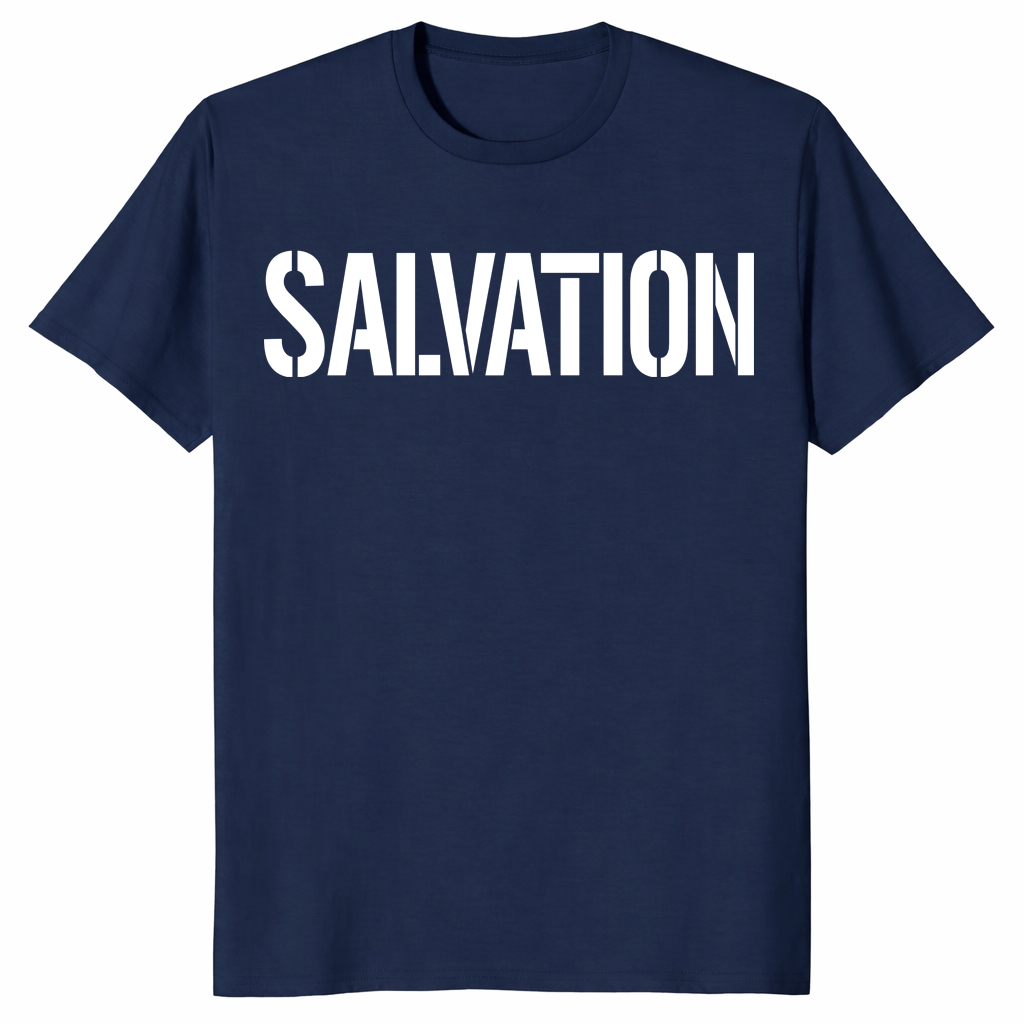 Henry Cavill Salvation Shirt in navy with minimalist SALVATION graphic