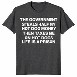 Dark heather grey hot dog tax shirt, flat-lay front view