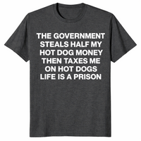 Dark heather grey hot dog tax shirt, flat-lay front view