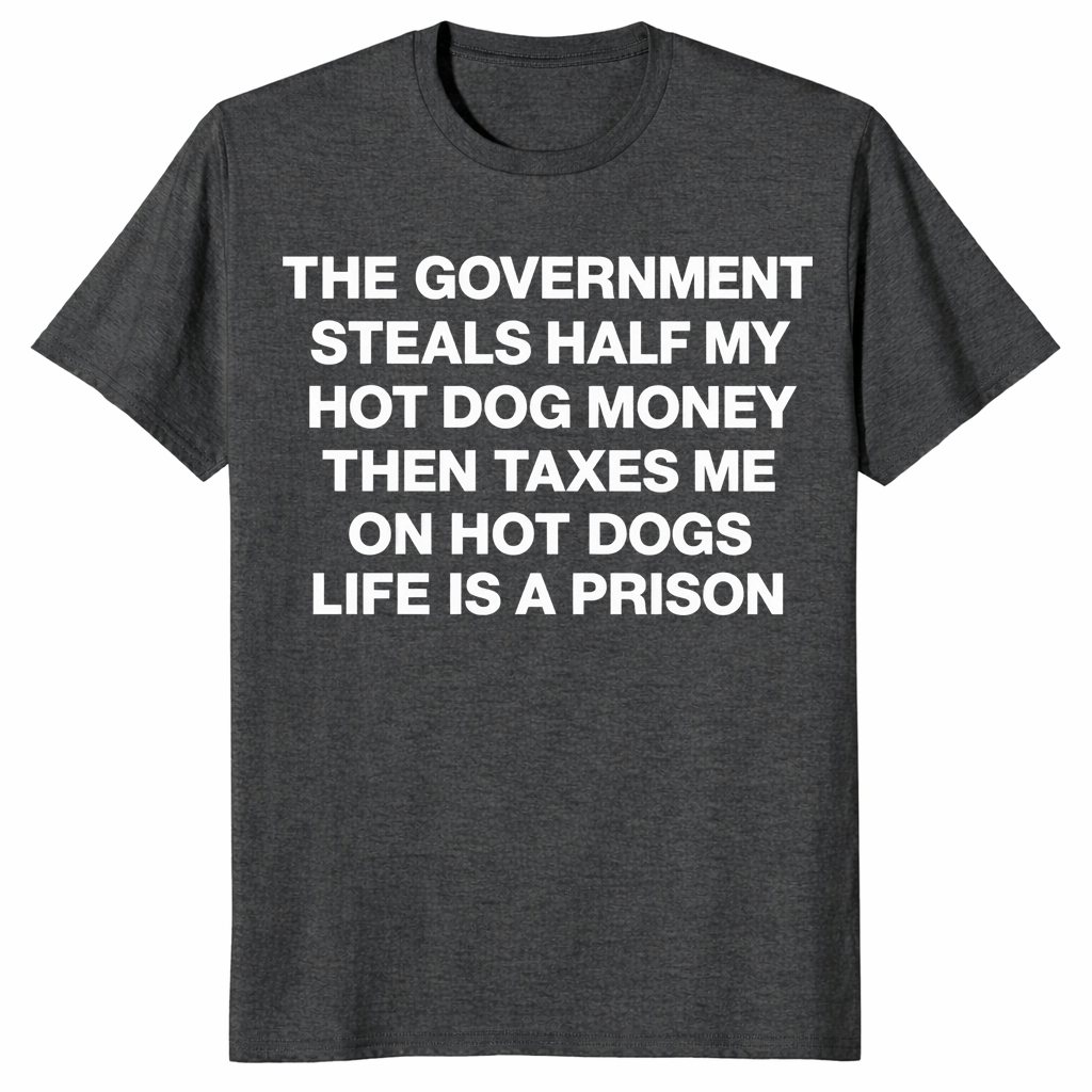 Dark heather grey hot dog tax shirt, flat-lay front view