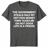 Dark heather hot dog tax meme t-shirt with bold white slogan