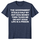 Heather navy funny government tax shirt about hot dog money