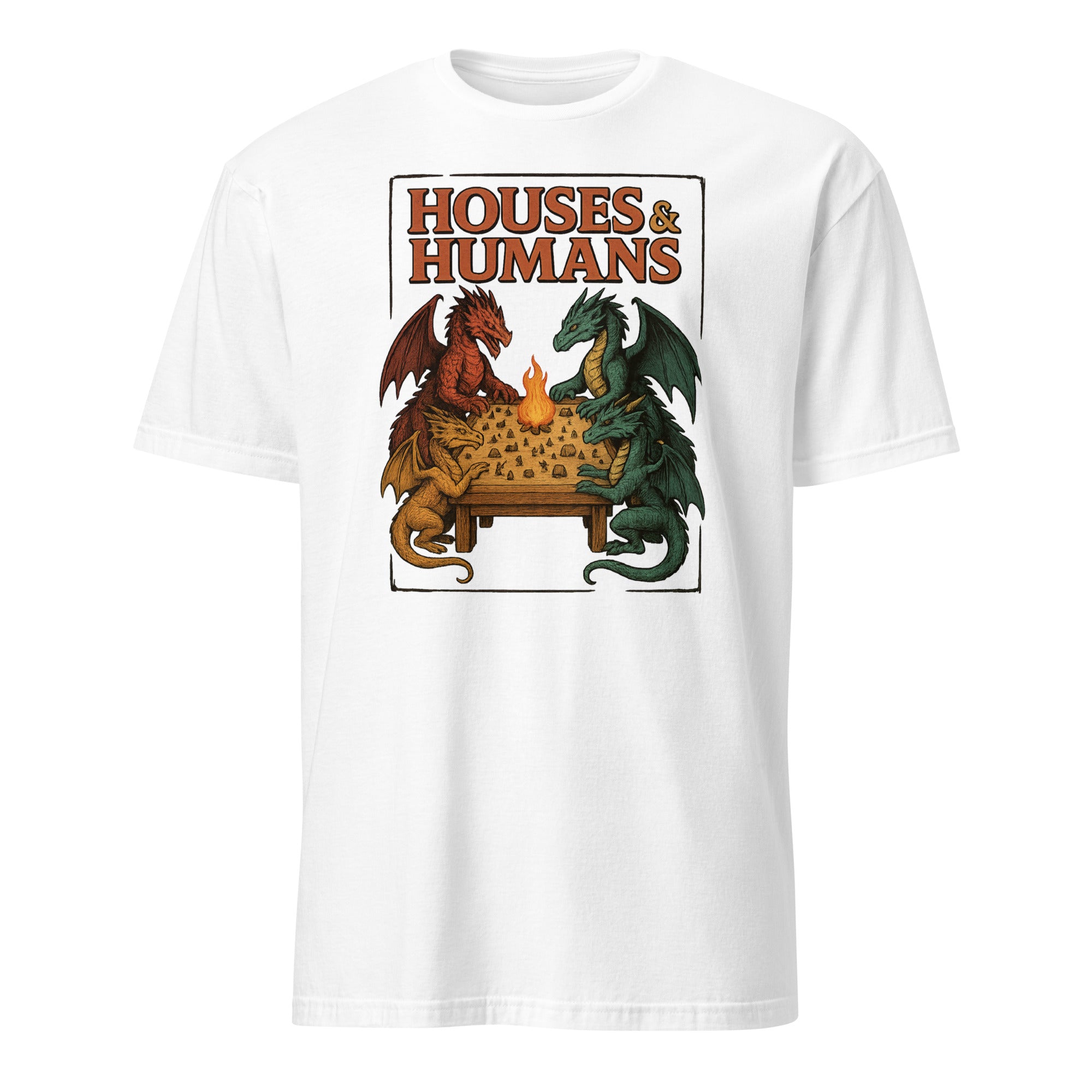 Houses and Humans D&D Shirt in White – Funny Dragons Playing Humans Parody Tee
