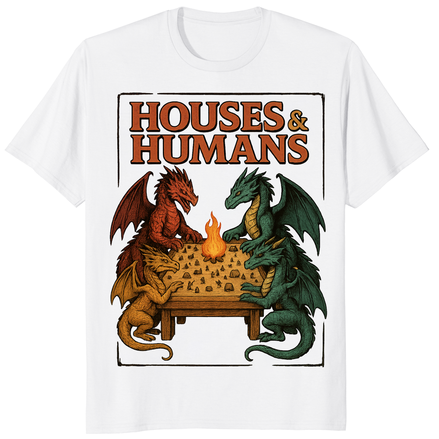 Houses and Humans D&D Shirt in White – Funny Dragons Playing Humans Parody Tee