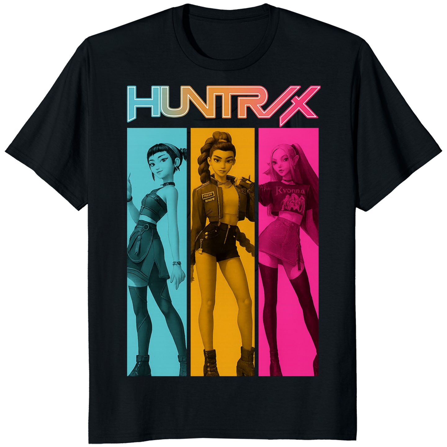 Huntrix Girls Shirt in black featuring Rumi, Mira, and Zoey K-pop Demon Hunters design