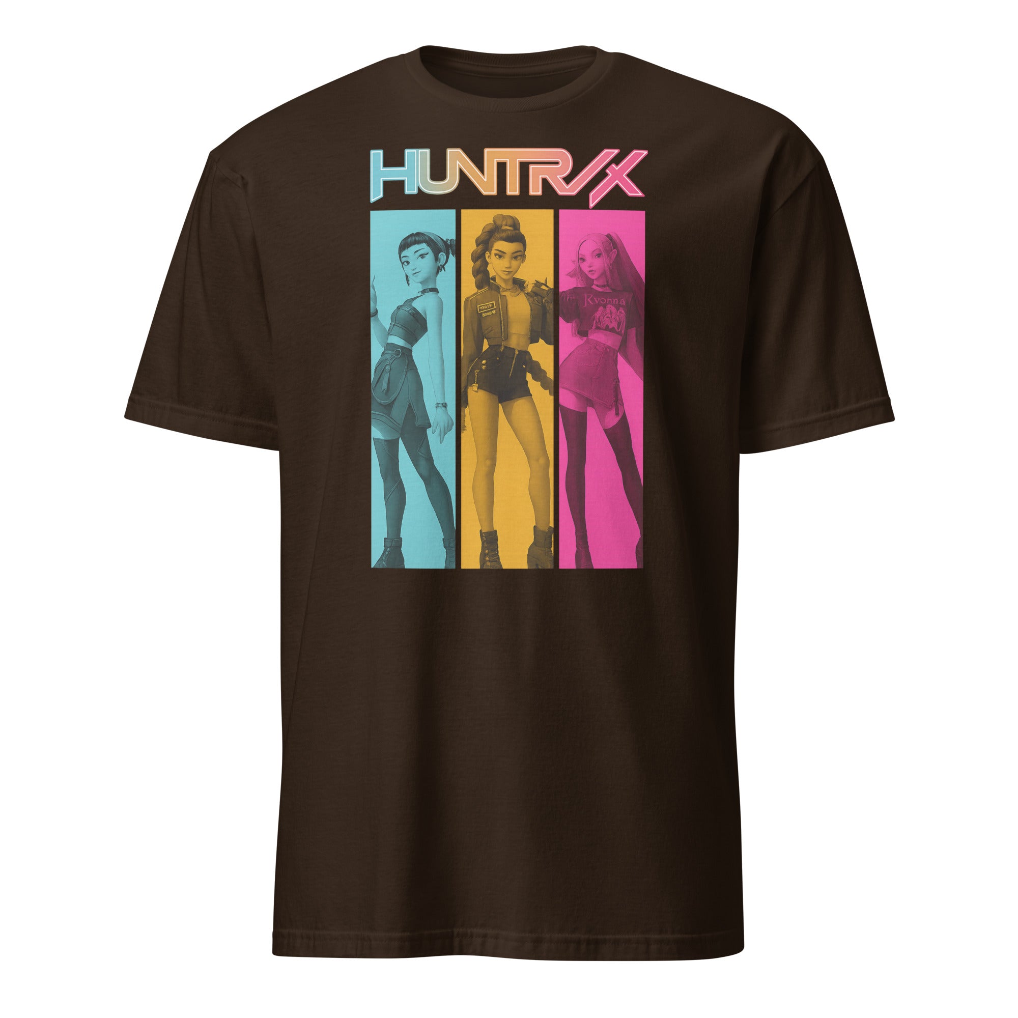 Huntrix Girls Shirt in dark chocolate featuring Rumi, Mira, and Zoey K-pop Demon Hunters design
