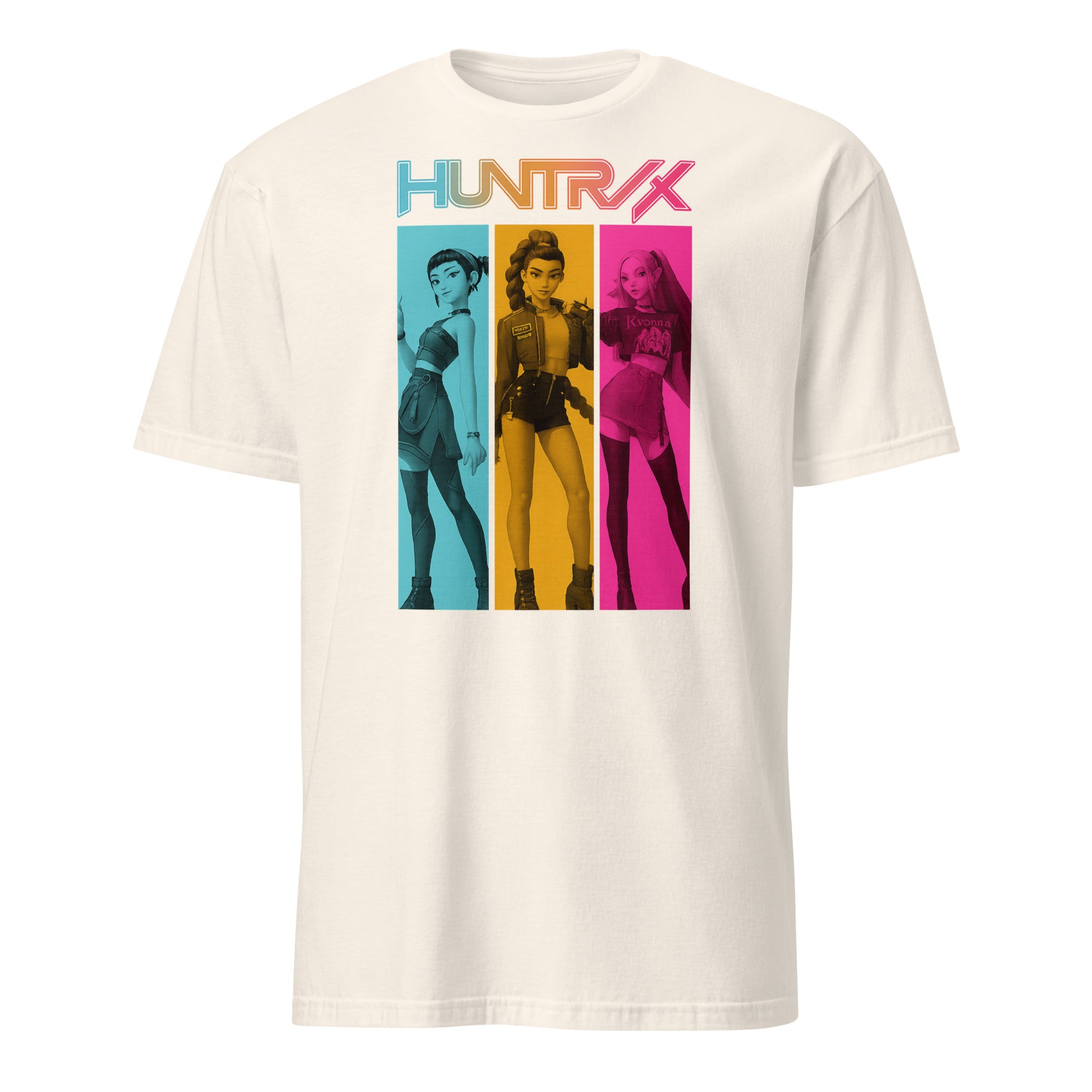 Huntrix Girls Shirt in natural featuring Rumi, Mira, and Zoey K-pop Demon Hunters design