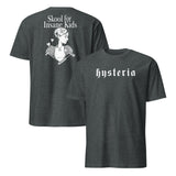 Dark Heather Hysteria gothic graphic tee with Skool For Insane Kids design