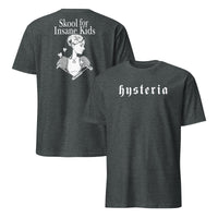 Dark Heather Hysteria gothic graphic tee with Skool For Insane Kids design
