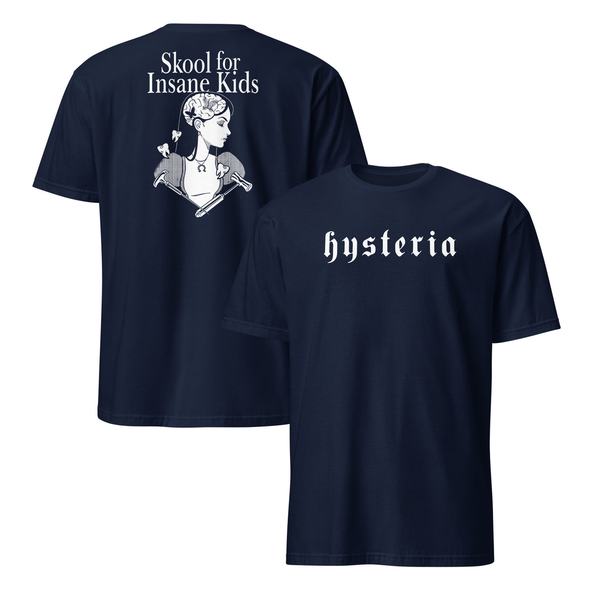 Navy Hysteria Skool For Insane Kids shirt with alternative gothic style artwork