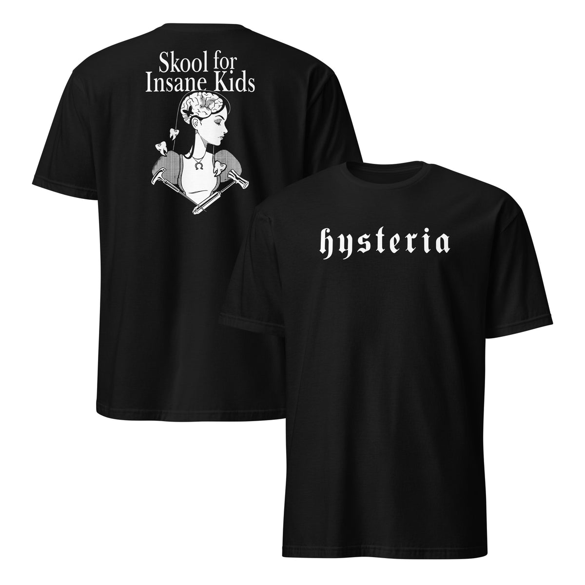 Hysteria Skool For Insane Kids T Shirt in black with gothic front and back graphic