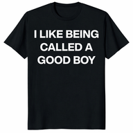 I Like Being Called A Good Boy T Shirt in black with bold white text front design
