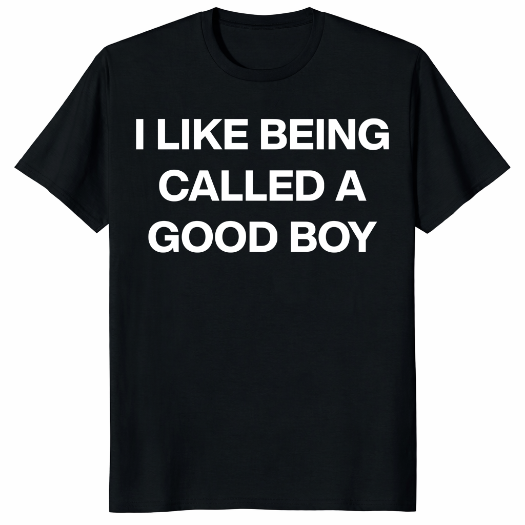 I Like Being Called A Good Boy T Shirt in black with bold white text front design