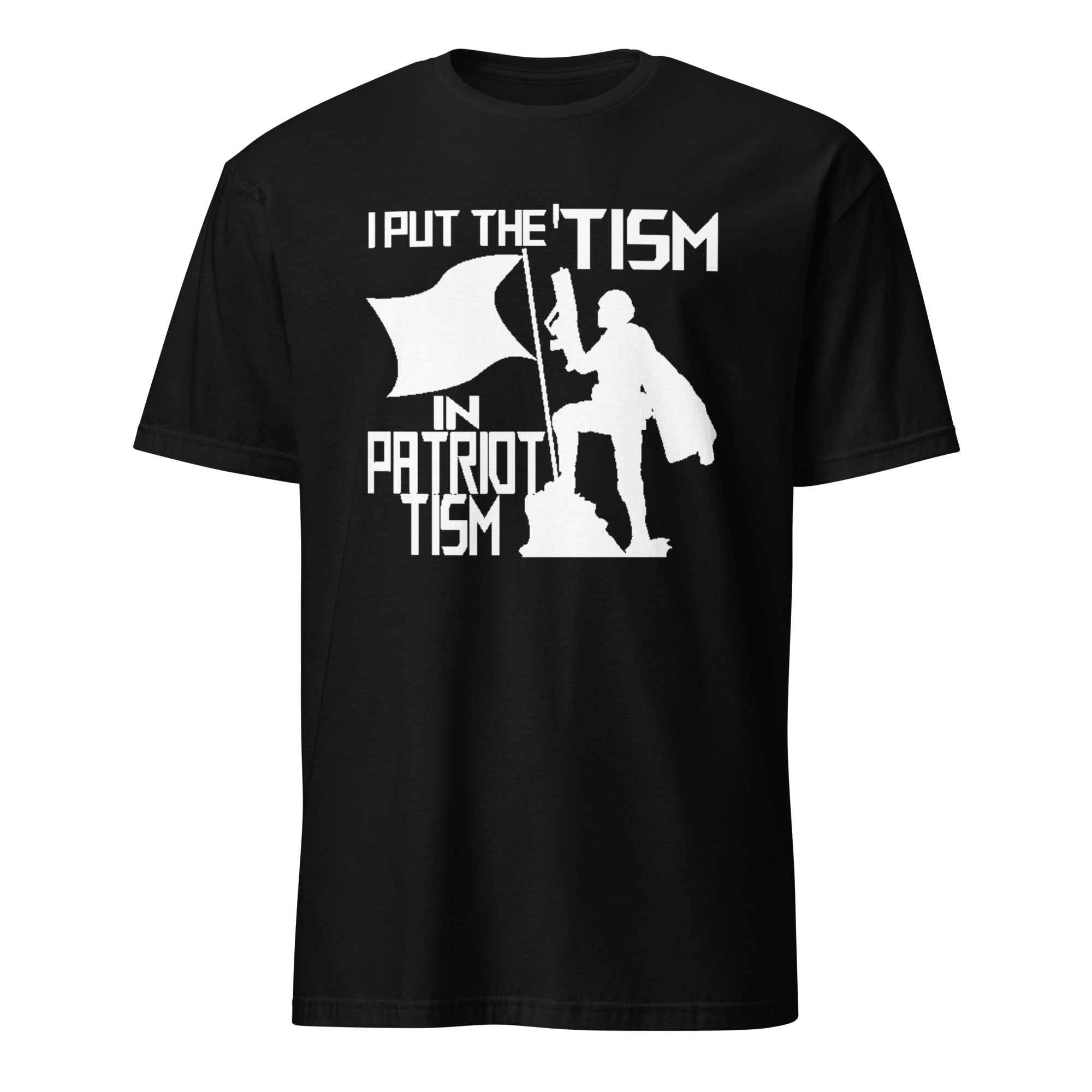 Black I Put the Tism in Patriotism shirt by Cuccico, funny autism awareness patriotic tee mockup