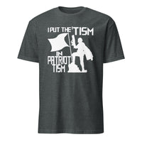 Dark heather I Put the Tism in Patriotism shirt by Cuccico, neurodiversity and patriotism design