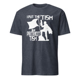 Heather navy I Put the Tism in Patriotism shirt by Cuccico, funny autism acceptance tee