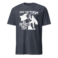 Heather navy I Put the Tism in Patriotism shirt by Cuccico, funny autism acceptance tee