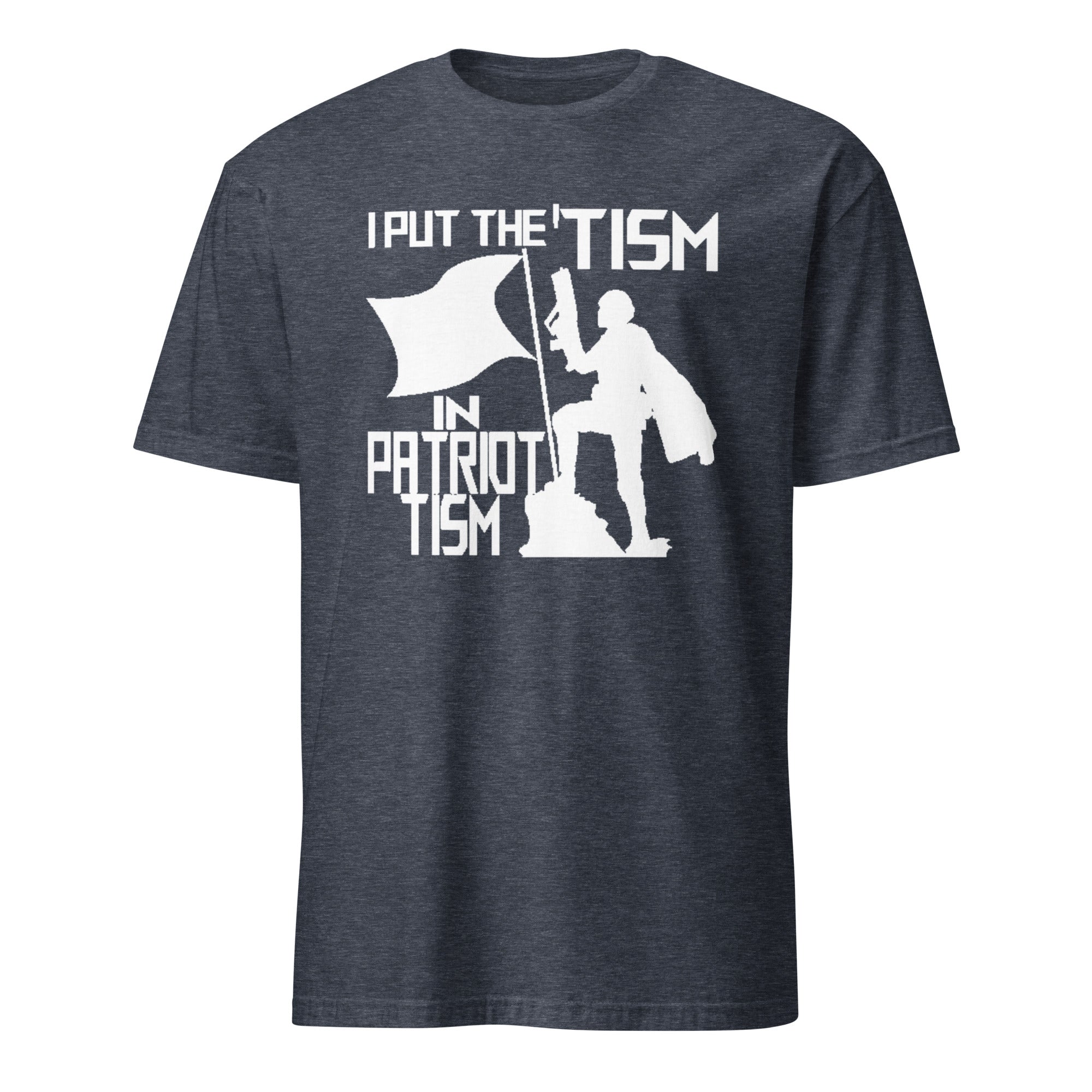 Heather navy I Put the Tism in Patriotism shirt by Cuccico, funny autism acceptance tee