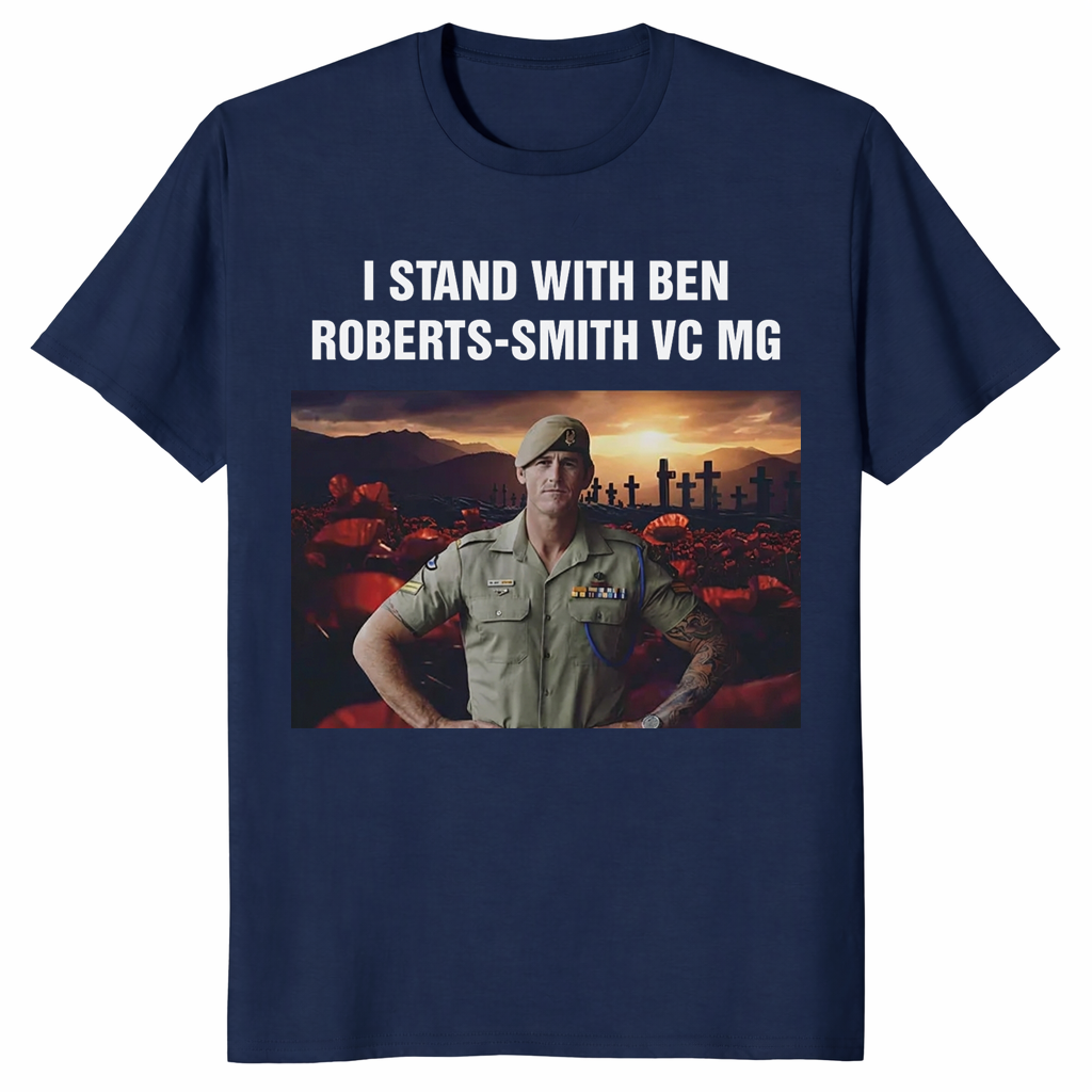 Navy I Stand With Ben Roberts-Smith shirt with bold supporter design