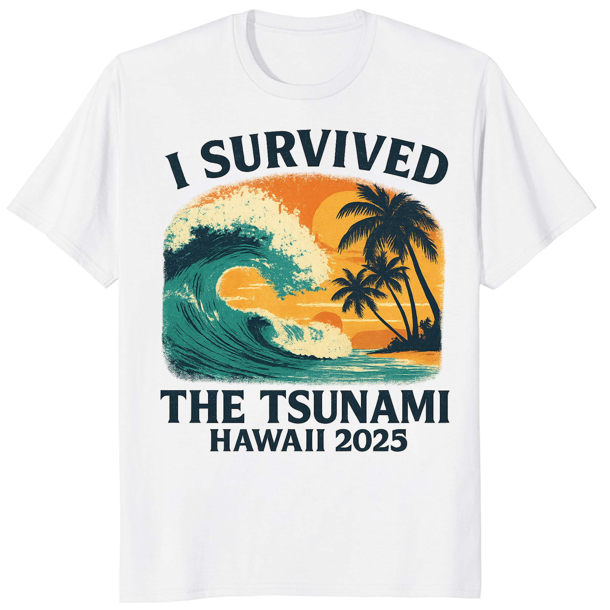 White I Survived The Tsunami Hawaii 2025 Shirt featuring Tsunami Warning Tee design