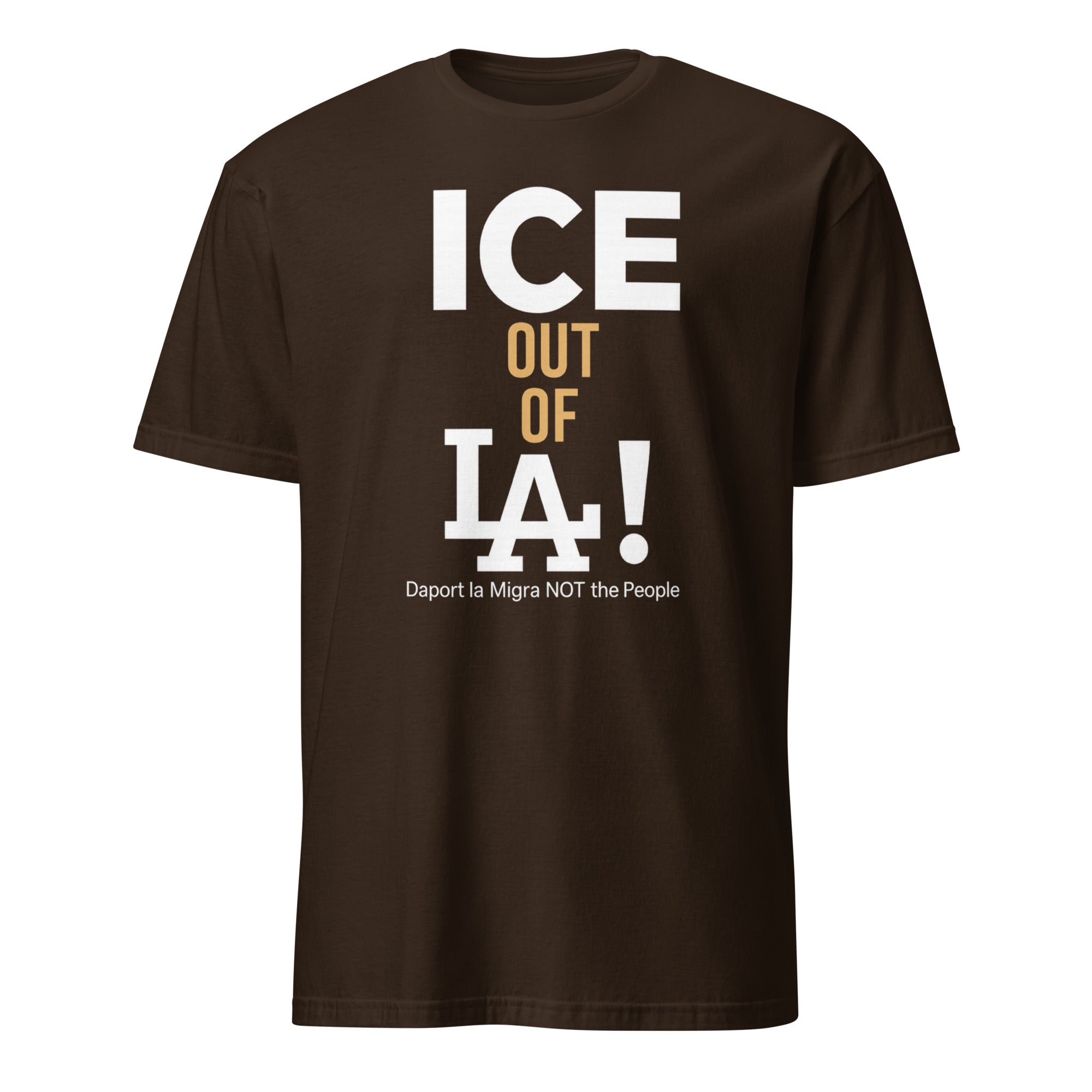 ICE Out of LA Shirt in dark chocolate with bold activist print by Cuccico