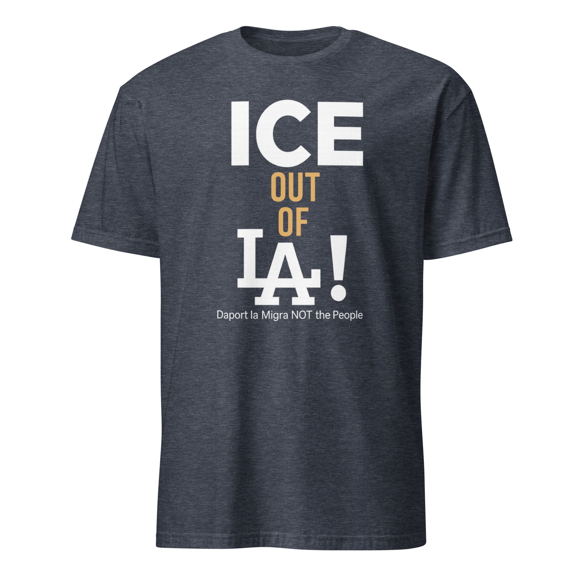 ICE Out of LA Shirt in heather navy showcasing activist graphic by Cuccico