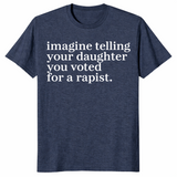 Heather navy election statement shirt with white serif lettering