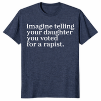 Heather navy election statement shirt with white serif lettering