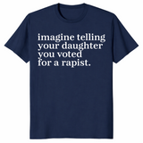 Navy voter t-shirt with a minimal white serif slogan