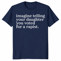 Navy voter t-shirt with a minimal white serif slogan