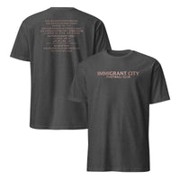 Dark Heather Grey inclusive soccer fan tee with Immigrant City Football Club graphic