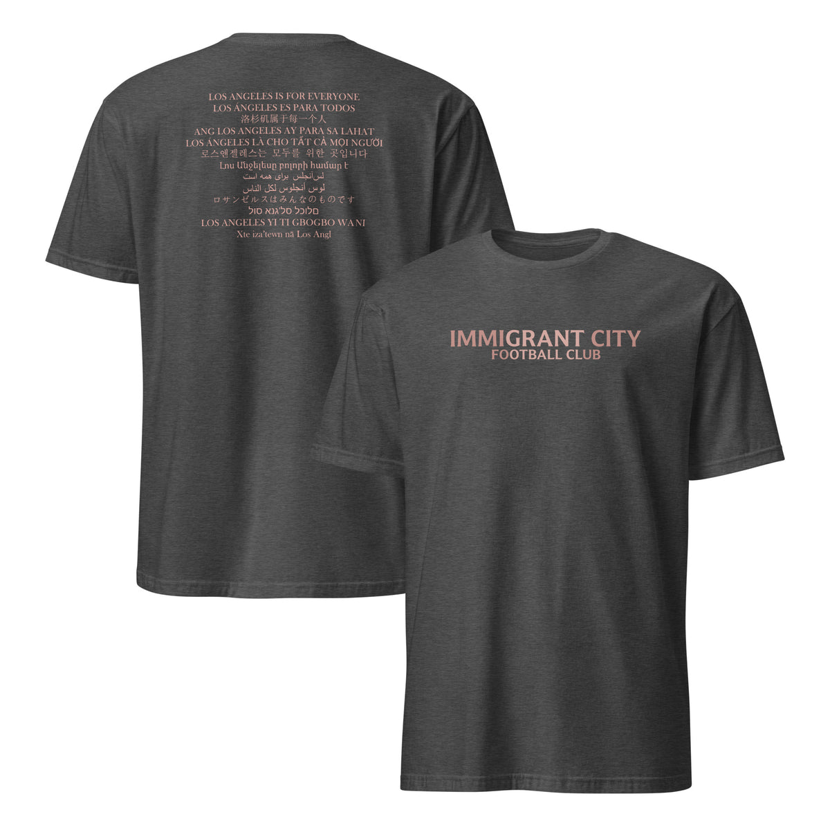 Dark Heather Grey inclusive soccer fan tee with Immigrant City Football Club graphic