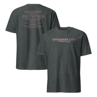 Dark Heather Immigrant City Football Club tee for soccer fans and Los Angeles supporters