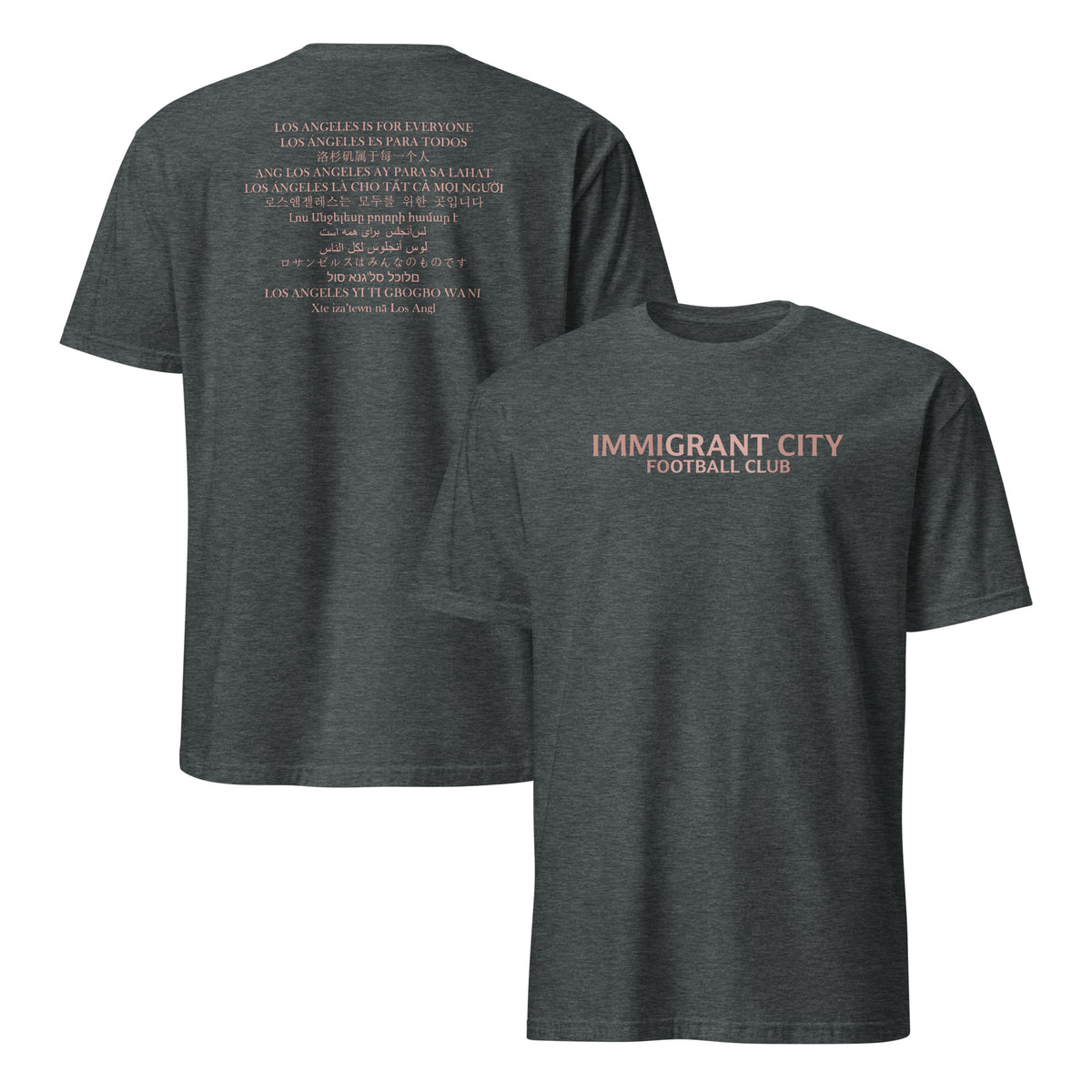 Dark Heather Immigrant City Football Club tee for soccer fans and Los Angeles supporters