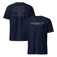Navy Immigrant City Football Club shirt with multilingual Los Angeles is for Everyone design