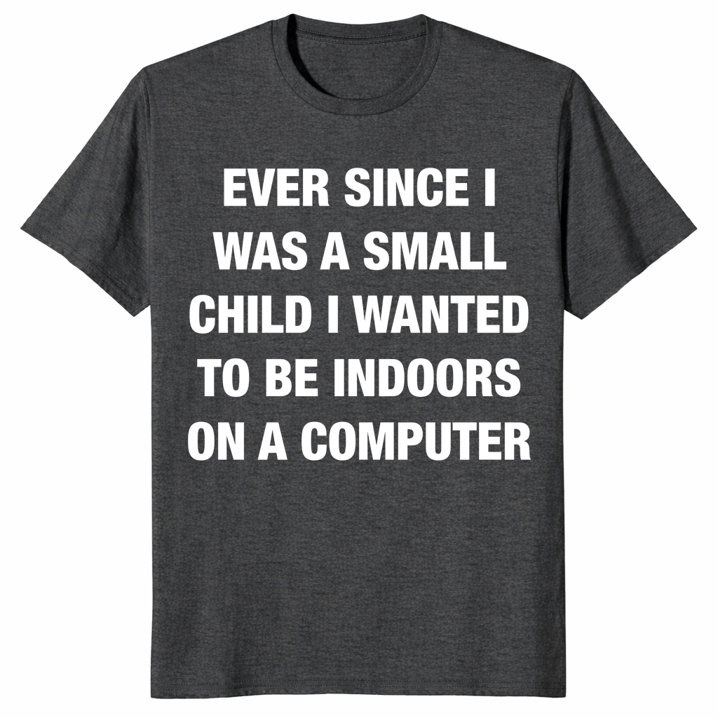 Indoors and on a computer shirt in dark heather grey