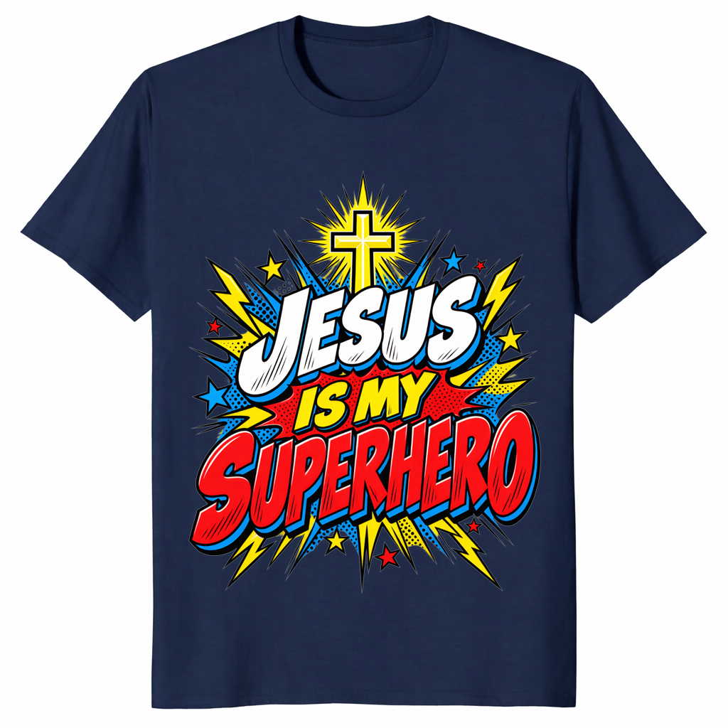 Jesus Is My Superhero Christian T-shirt mockup, faith graphic tee
